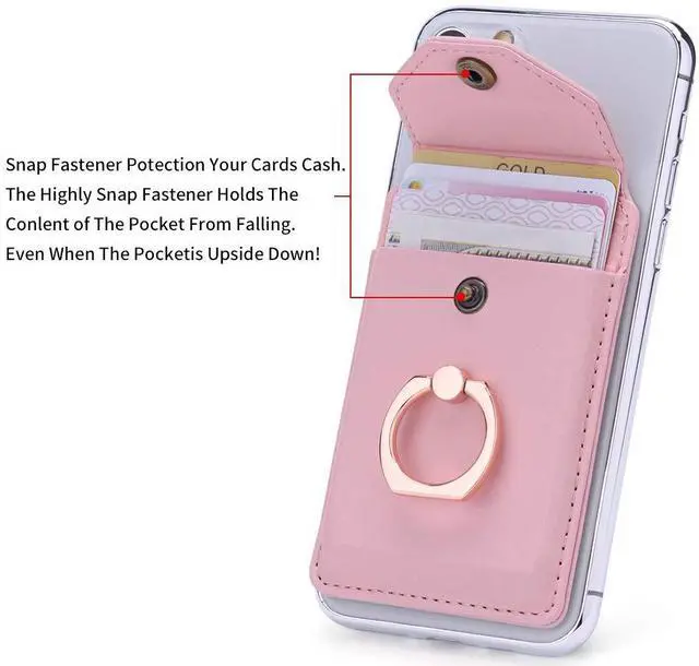 Alt view image 4 of 7 - YUNCE Cell Phone Card Holder RFID Ring Stand Stick on Wallet Card Holder for Back of Phone iPhone Android and All Smartphones Adhesive Credit Card Holder Pink