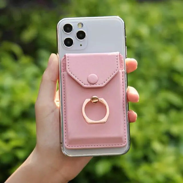 Alt view image 7 of 7 - YUNCE Cell Phone Card Holder RFID Ring Stand Stick on Wallet Card Holder for Back of Phone iPhone Android and All Smartphones Adhesive Credit Card Holder Pink