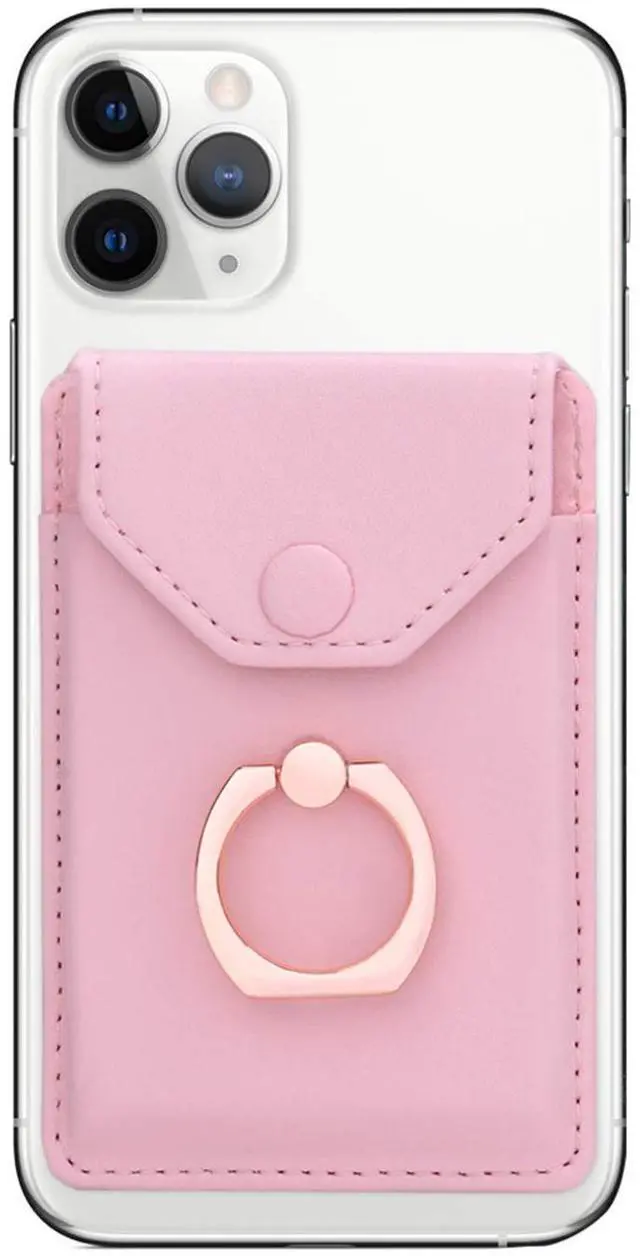 Main image of YUNCE Cell Phone Card Holder RFID Ring Stand Stick on Wallet Card Holder for Back of Phone iPhone Android and All Smartphones Adhesive Credit Card Holder Pink