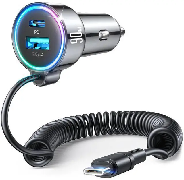 Main image of USB C 90W Car Charger for iPhone 17/16 Pro Max, PD & QC3.0 w/5 ft 45W Type Coiled Cable, Fast Car Phone Charger Adapter for iPhone 17Air/15 Pro, Samsung Galaxy S26/S25/S24, Pixel 10/LG/Android, iPad