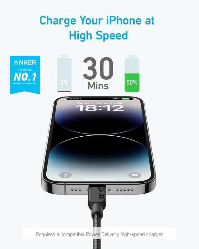 Alt view image 2 of 5 - Anker 310 USB C to Lightning Cable, MFi-Certified Cord(2-Pack, 6 ft, Black)