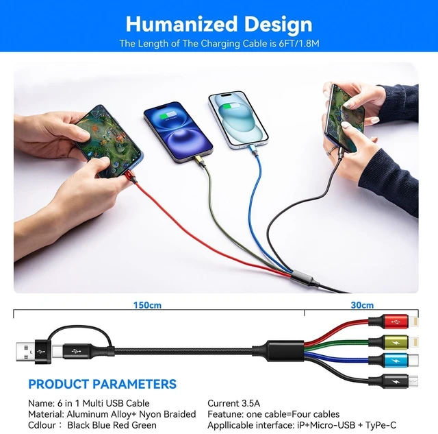 Alt view image 7 of 7 - 6 in 1 Multi Charging Cable, USB A/USB C Charger Cable, 2 Pack 6Ft | Universal Charger Cord for Multiple Devices, Lightning/Type C/Micro USB Ports for iPhone, Galaxy, Tablets, Switch, Car,Office