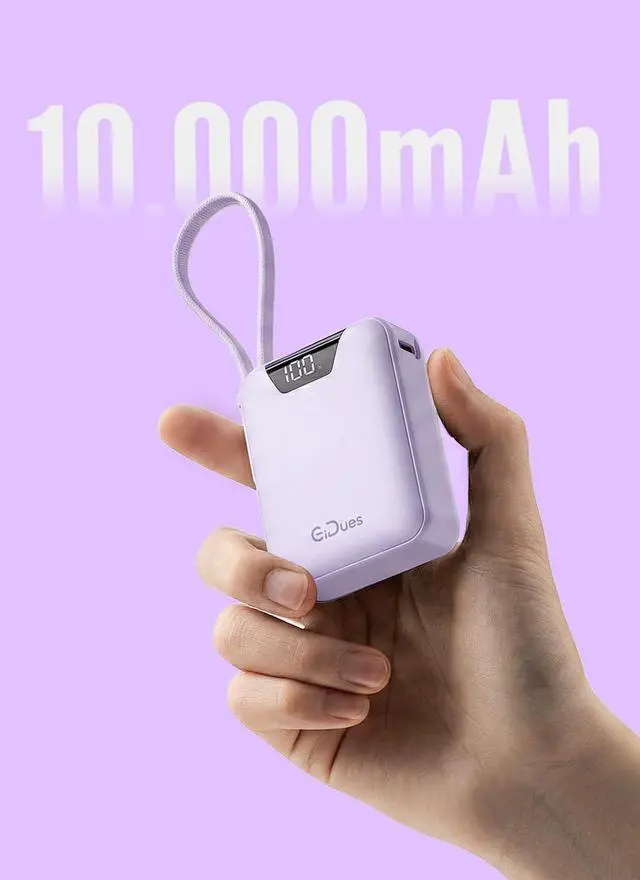 Alt view image 2 of 6 - Portable Charger, 10000mAh Ultra-Compact Power Bank, 22.5W PD Fast Charging, Tpye-C Built-in Cable, Small External Battery Pack for iPhone, Samsung, Android iPad (Purple)