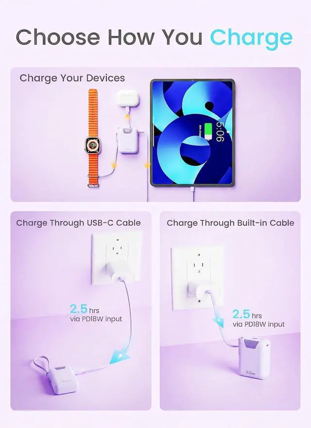 Alt view image 4 of 6 - Portable Charger, 10000mAh Ultra-Compact Power Bank, 22.5W PD Fast Charging, Tpye-C Built-in Cable, Small External Battery Pack for iPhone, Samsung, Android iPad (Purple)