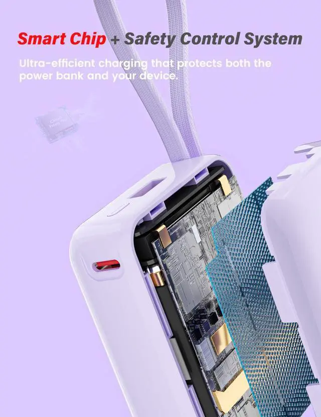 Alt view image 5 of 6 - Portable Charger, 10000mAh Ultra-Compact Power Bank, 22.5W PD Fast Charging, Tpye-C Built-in Cable, Small External Battery Pack for iPhone, Samsung, Android iPad (Purple)