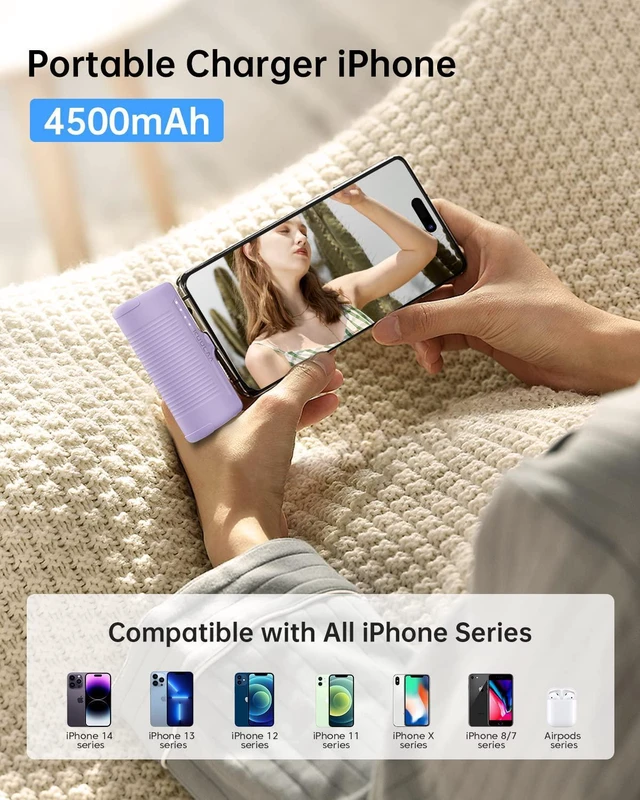 Alt view image 2 of 7 - Kuulaa Portable Charger iPhone 4500mAh Mini Power Bank,Cute Battery Pack Backup Charger Travel Compatible with iPhone 14/13/12/11/XS/XR/Airpods (Purple)