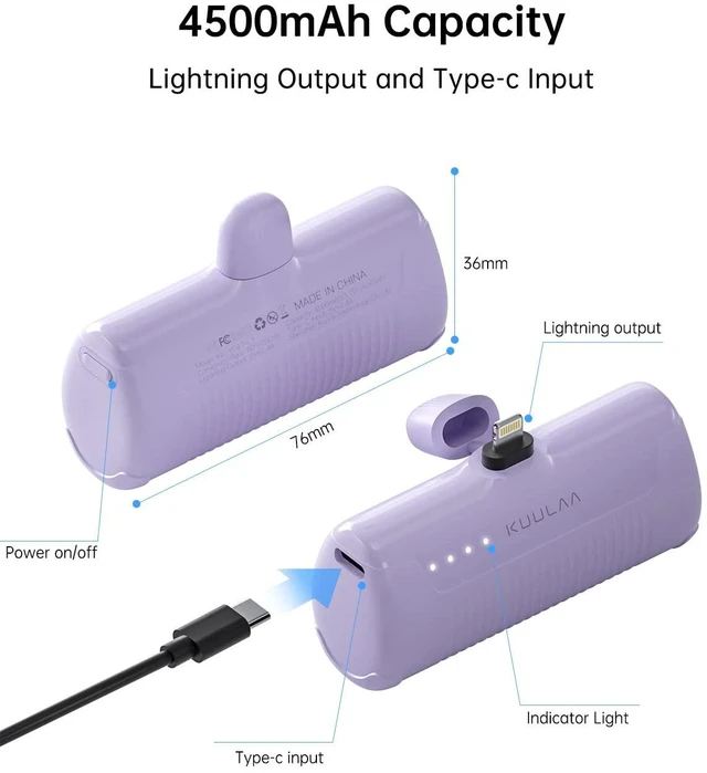 Alt view image 3 of 7 - Kuulaa Portable Charger iPhone 4500mAh Mini Power Bank,Cute Battery Pack Backup Charger Travel Compatible with iPhone 14/13/12/11/XS/XR/Airpods (Purple)