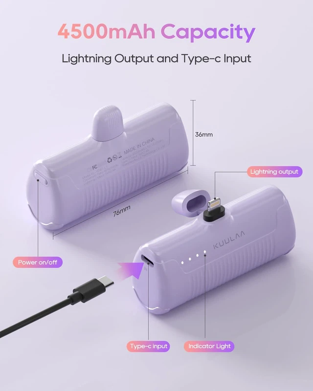 Alt view image 7 of 7 - Kuulaa Portable Charger iPhone 4500mAh Mini Power Bank,Cute Battery Pack Backup Charger Travel Compatible with iPhone 14/13/12/11/XS/XR/Airpods (Purple)