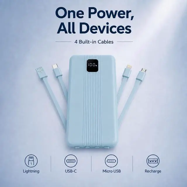 Alt view image 2 of 7 - DVRIIT 10000mAh Portable Charger with 4 Built-in Cables, 22.5W Fast Charging Power Bank, LED Display, Slim Travel Battery Pack for iPhone 17/16/15/14, Samsung Galaxy, iPad & More