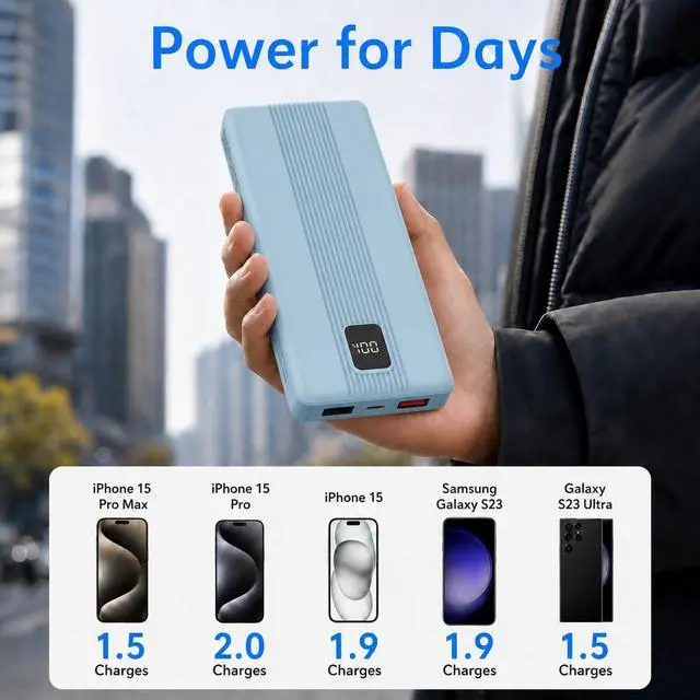 Alt view image 3 of 7 - DVRIIT 10000mAh Portable Charger with 4 Built-in Cables, 22.5W Fast Charging Power Bank, LED Display, Slim Travel Battery Pack for iPhone 17/16/15/14, Samsung Galaxy, iPad & More