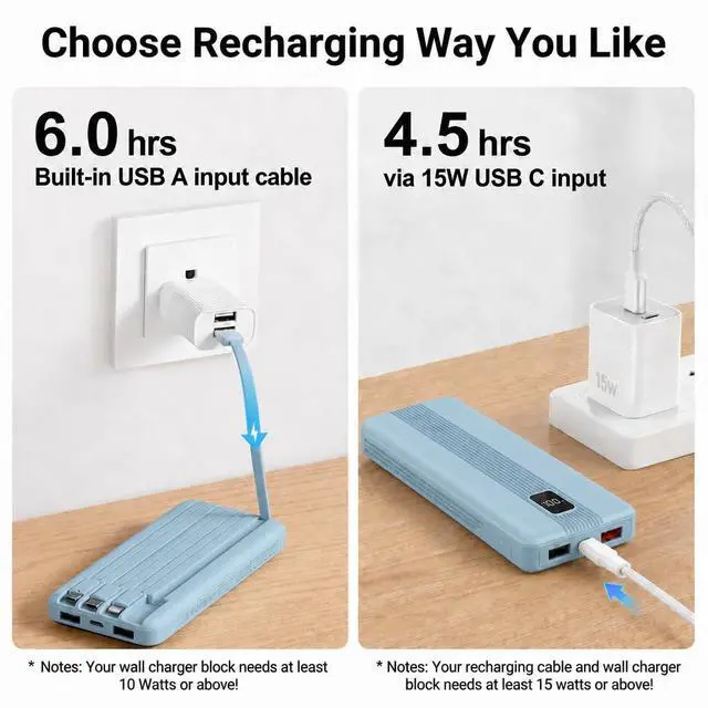 Alt view image 5 of 7 - DVRIIT 10000mAh Portable Charger with 4 Built-in Cables, 22.5W Fast Charging Power Bank, LED Display, Slim Travel Battery Pack for iPhone 17/16/15/14, Samsung Galaxy, iPad & More