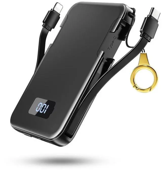Main image of RRUHHK Ultra-Slim 5000mAh Portable Charger for iPhone & Android, Mini Power Bank with Built-in Cables (USB-C & iOS), 5V/2A Small External Battery Pack for iPhone 16/15/14/13, Samsung, Google Black