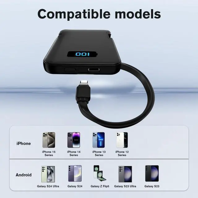 Alt view image 2 of 7 - RRUHHK Ultra-Slim 5000mAh Portable Charger for iPhone & Android, Mini Power Bank with Built-in Cables (USB-C & iOS), 5V/2A Small External Battery Pack for iPhone 16/15/14/13, Samsung, Google Black