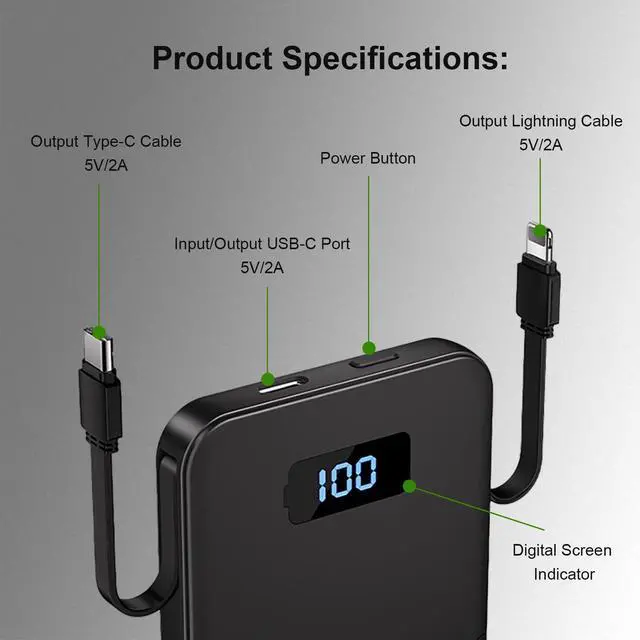 Alt view image 5 of 7 - RRUHHK Ultra-Slim 5000mAh Portable Charger for iPhone & Android, Mini Power Bank with Built-in Cables (USB-C & iOS), 5V/2A Small External Battery Pack for iPhone 16/15/14/13, Samsung, Google Black