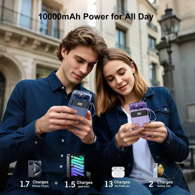 Alt view image 6 of 7 - Portable Charger Built-in Cables,10000mAh Power Bank for iPhone,Fast Charge USB C Battery Pack Travel Essentials Slim Lightweight Powerbank Compatible with iPhone 17/16/15/14, Samsung, Android, etc
