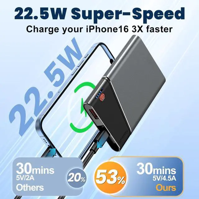 Alt view image 2 of 7 - Aaoyun 10000mAh Portable Power Bank, 22.5W PD Fast Charging Battery Pack with Built-in USB-C Cable, Ultra-Slim External Phone Charger for iPhone 17/16/15, Samsung Galaxy S24, Android (Grey)