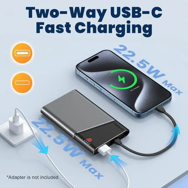 Alt view image 7 of 7 - Aaoyun 10000mAh Portable Power Bank, 22.5W PD Fast Charging Battery Pack with Built-in USB-C Cable, Ultra-Slim External Phone Charger for iPhone 17/16/15, Samsung Galaxy S24, Android (Grey)