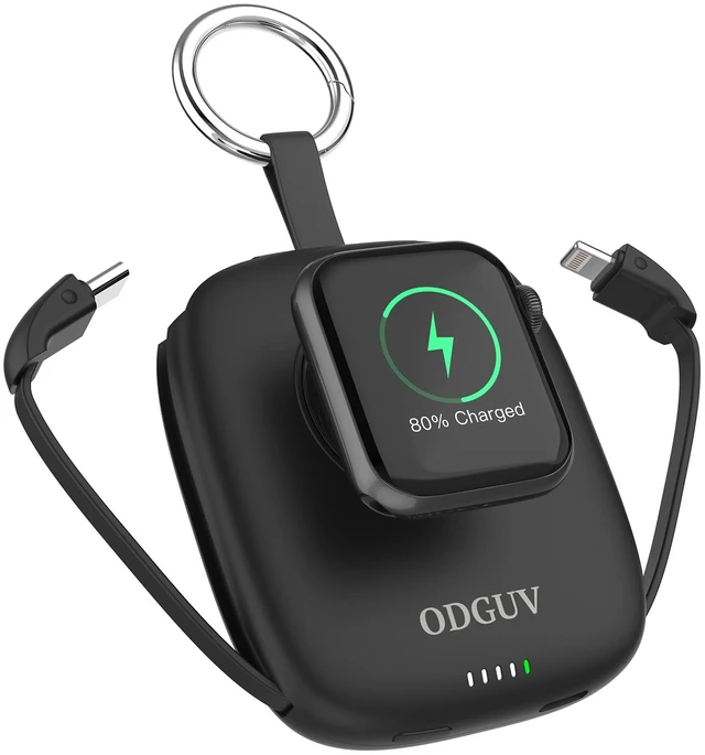 Main image of Small Portable Charger 5000mAh,iWatch Wireless Charger Mini Power Bank with Built-in Cable,Travel Keychain Charger for Apple Watch 11/10/9/8/Ultra/7/6/Se/5/4,iPhone 17/16/15/14/13/12,Android Phone