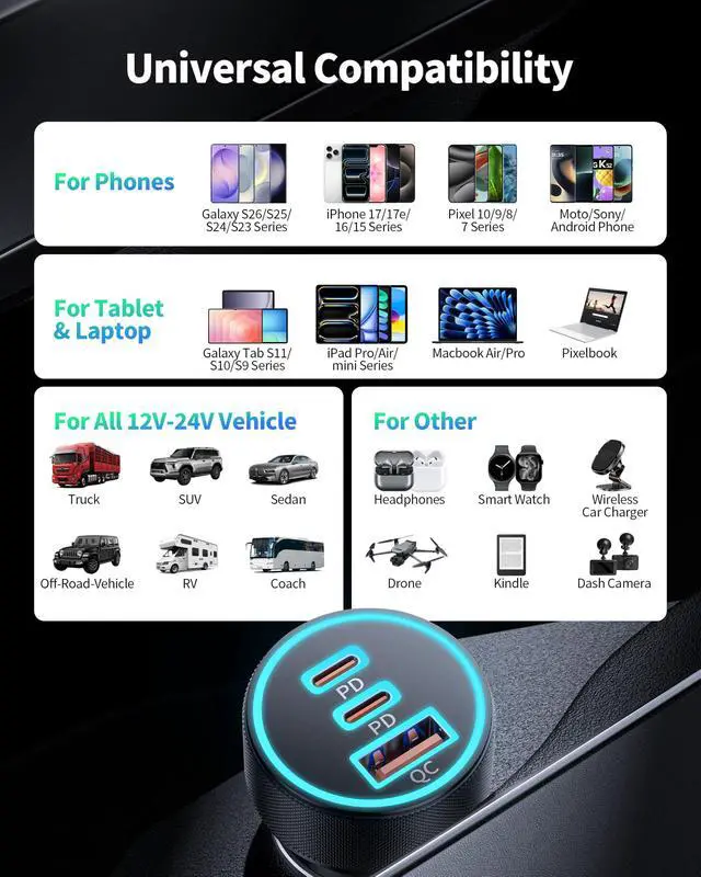 Alt view image 5 of 7 - 67W 3-Port Super Fast Type C Car Charger USB C for Samsung S26 S25 S24 S23