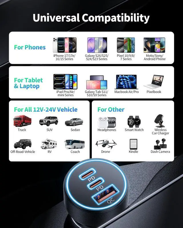 Alt view image 6 of 7 - Car Charger USB C, 3 Port 67W Dual USB-C & USB-A Car Phone Charger Adapter