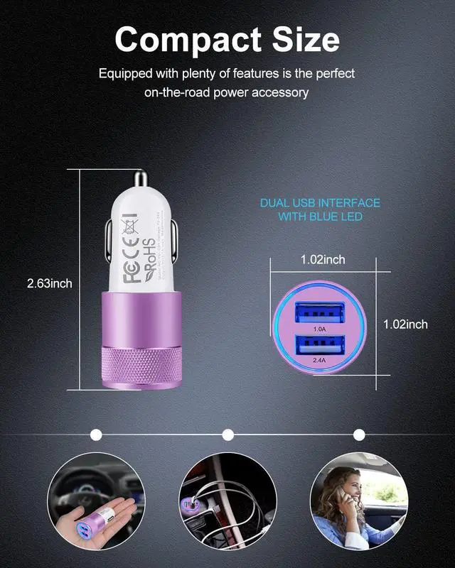 Alt view image 4 of 7 - USB Car Charger, Automobile Lighter Adapter Dual Port Cigarette Cargador
