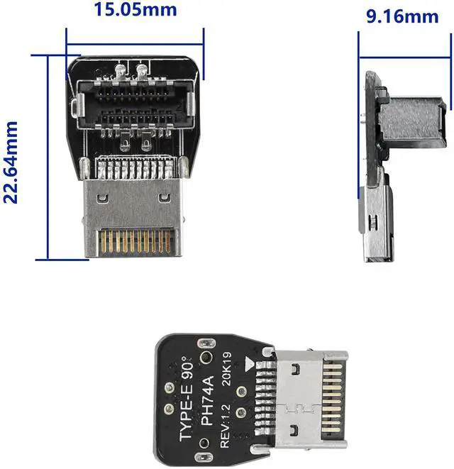 Alt view image 4 of 7 - CERRXIAN 90 Degree USB Type E Adapter, Up Angle USB 3.2 Type E Male to Female Front Panel Internal Connector Adapter High Speed 10Gbps for USB C Header Motherboard(Up/A)