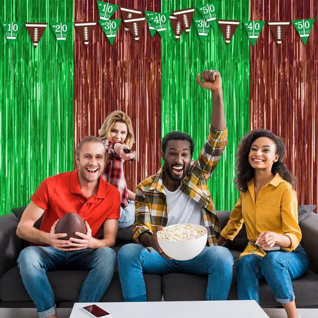 Alt view image 5 of 7 - ZATAYE 2 Pack Brown Green Football Foil Curtain Streamer Decorations
