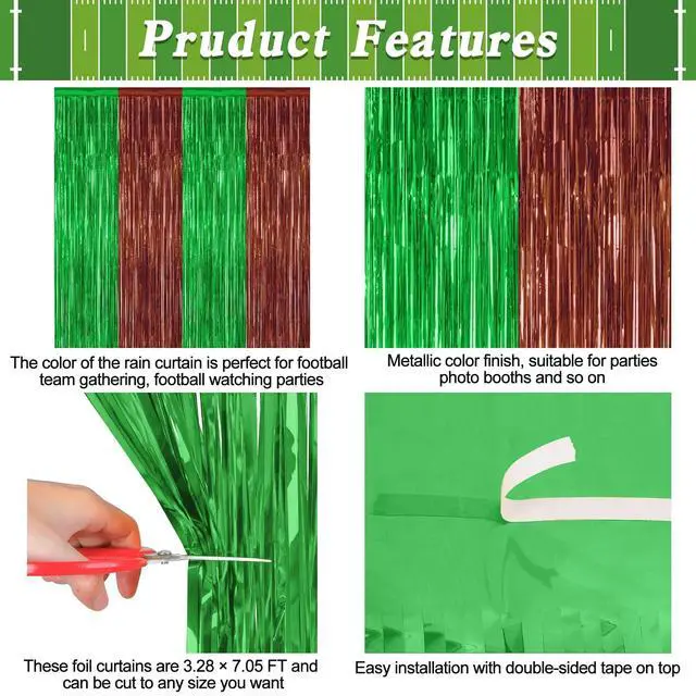 Alt view image 4 of 7 - ZATAYE 2 Pack Brown Green Football Foil Curtain Streamer Decorations
