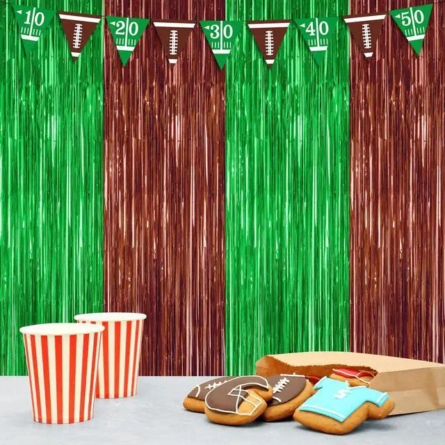 Alt view image 7 of 7 - ZATAYE 2 Pack Brown Green Football Foil Curtain Streamer Decorations