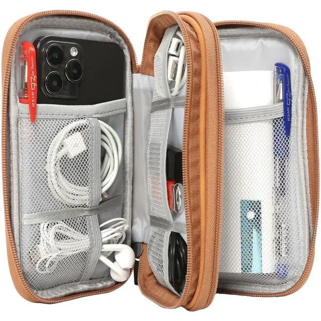 Alt view image 3 of 7 - CAAORDKSO Universal Electronics Accessories Carrying Case, Electronic Cable Organizer Bag, Travel Cable Accessories Bag Pouch for Cable, USB, Cord, Charger, Phone, Power Bank, Earphone (Brown, Large)