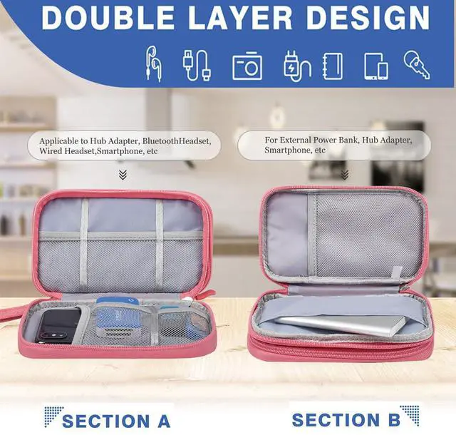 Alt view image 4 of 7 - CAAORDKSO Electronic Accessories Case, Electronics Organizer Pouch Bag, Portable Travel Cable Organizer Case, Tech Storage Bag for Cable, Cord, Charger, Phone, Power Bank, Earphone (Dark Pink, Large)
