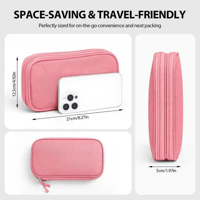 Alt view image 2 of 6 - Woyinger Travel Electronics Organizer Double Layer Tech Pouch Pink