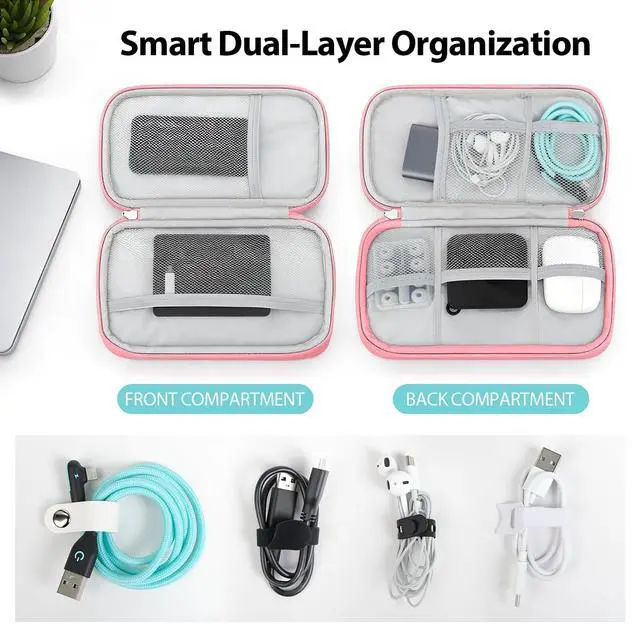 Alt view image 3 of 6 - Woyinger Travel Electronics Organizer Double Layer Tech Pouch Pink