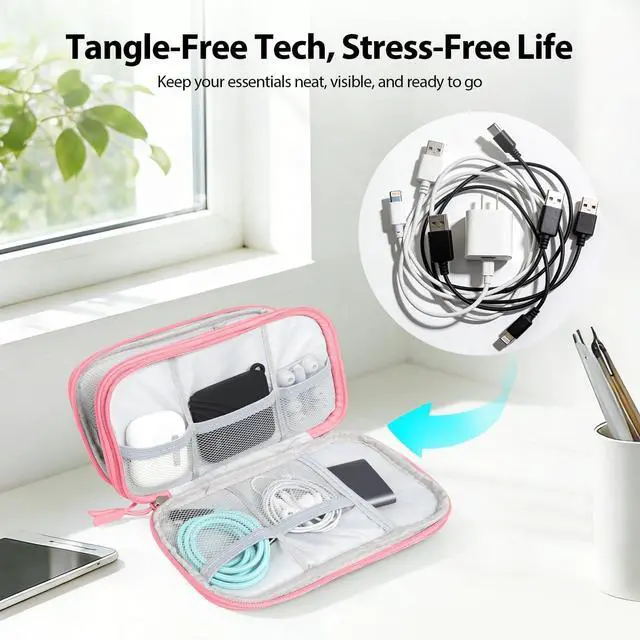 Alt view image 5 of 6 - Woyinger Travel Electronics Organizer Double Layer Tech Pouch Pink