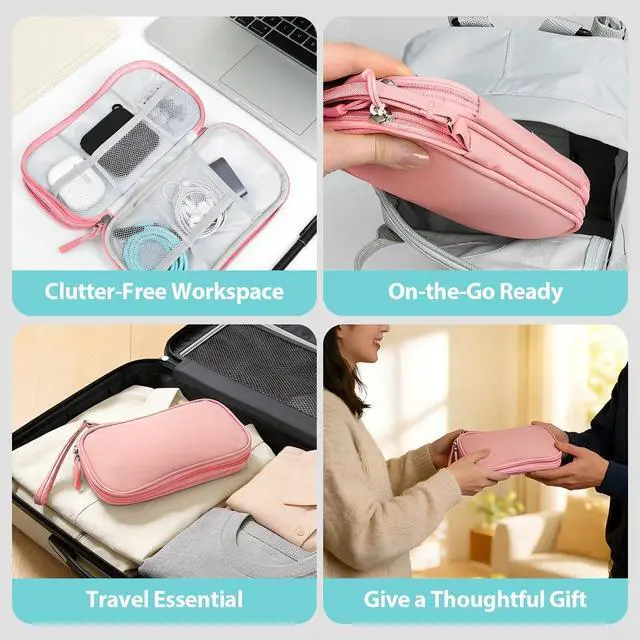 Alt view image 6 of 6 - Woyinger Travel Electronics Organizer Double Layer Tech Pouch Pink