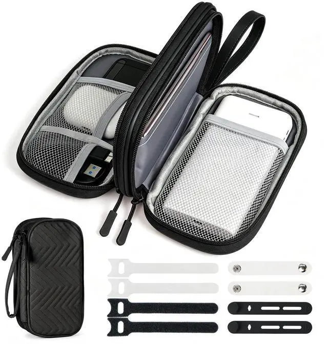 Main image of Woyinger Double Layer PU Leather Electronics Organizer Bag, Midnight Black