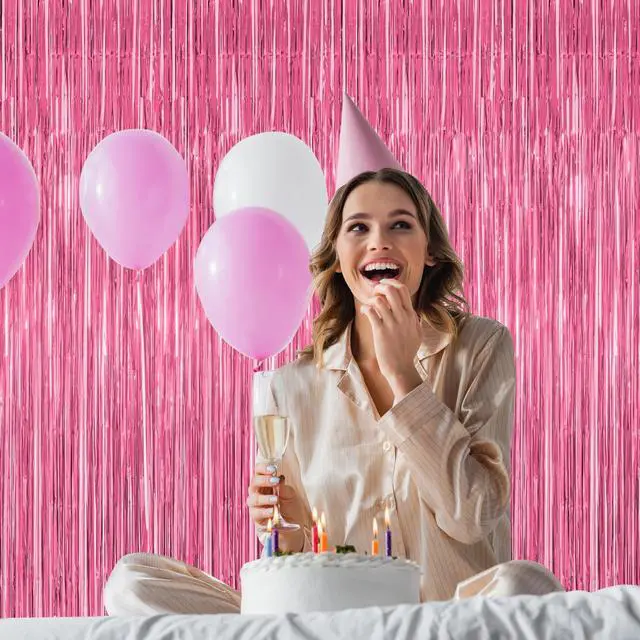 Alt view image 7 of 7 - 2 Pack Pink Party Decorations, 3.28 FT x 7.05 FT Pink Backdrop, Metallic Tinsel Backdrop Fringe Curtains Backdrop Curtains, Photo Backdrop Party Supplies Birthday Party Decorationsay Party Decorations