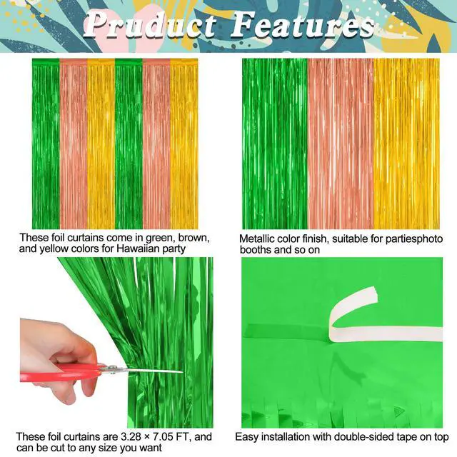 Alt view image 4 of 7 - ZATAYE 2 Pack Green Brown Yellow Hawaiian Luau Foil Curtain Decorations