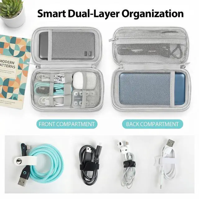 Alt view image 3 of 6 - Woyinger Double Layer Electronics Organizer Tech Pouch for Chargers, Gray