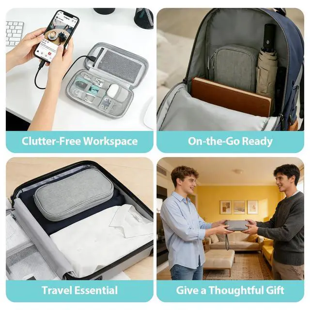 Alt view image 6 of 6 - Woyinger Double Layer Electronics Organizer Tech Pouch for Chargers, Gray