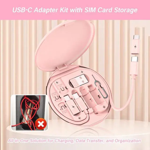 Alt view image 6 of 7 - YAFIYGI 9 in 1 Cable Case USB Adapter Cable Conversion Storage Box USB Type C to Micro USB/Lightning/USB A Cable Data Transfer Tool Contains Sim Card Slot Tray Eject Pin Use as Phone Holder (Pink)