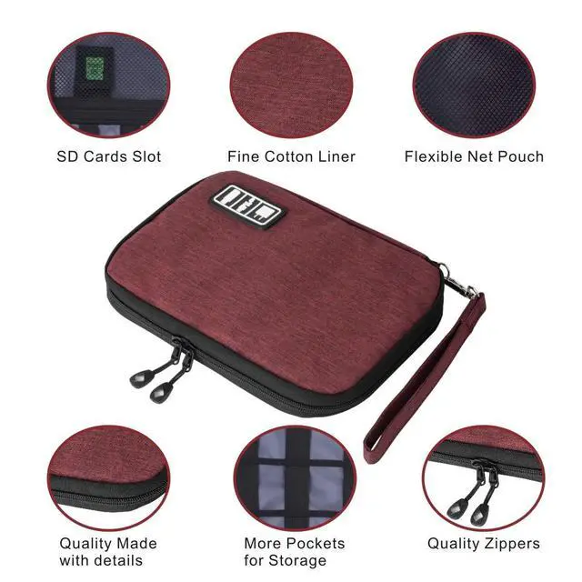 Alt view image 7 of 7 - Sunsir Travel Cable Organizer Bag Waterproof Portable Electronic Accessories Organizer for USB Cable Cord Phone Charger Headset Wire SD Card with 5pcs Cable Ties(Red)