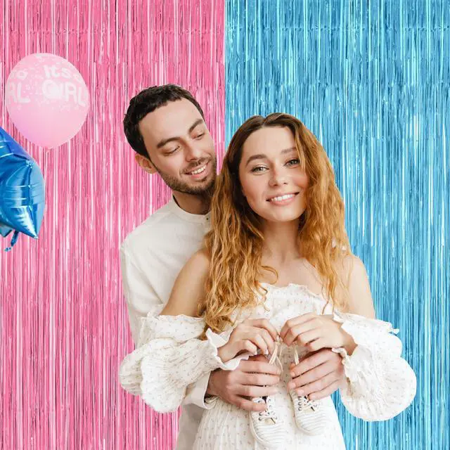 Alt view image 5 of 7 - ZATAYE 2 Pack Pink Blue Foil Curtain Gender Reveal Decorations