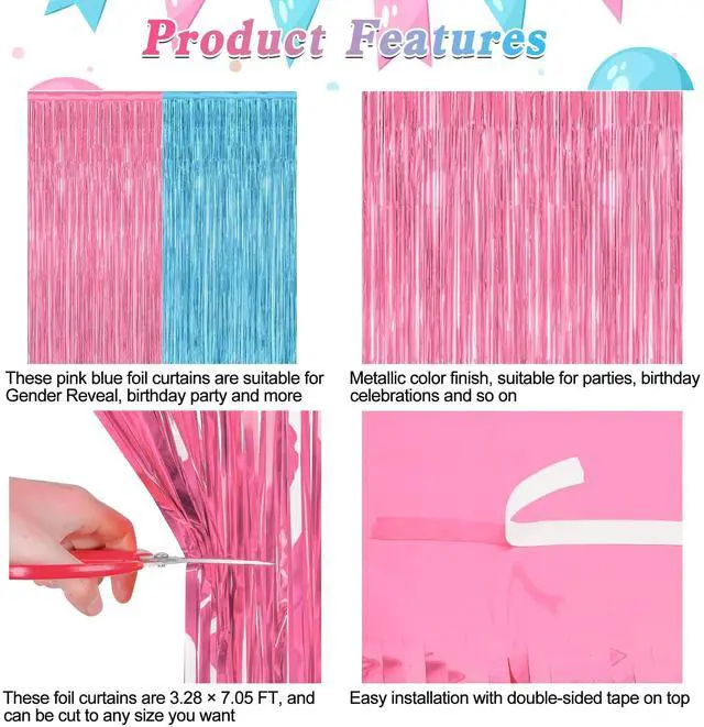 Alt view image 4 of 7 - ZATAYE 2 Pack Pink Blue Foil Curtain Gender Reveal Decorations