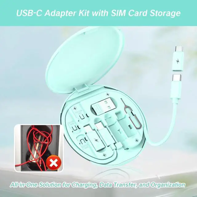Alt view image 5 of 7 - YAFIYGI 9 in 1 Cable Case USB Adapter Cable Conversion Storage Box USB Type C to Micro USB/Lightning/USB A Cable Data Transfer Tool Contains Sim Card Slot Tray Eject Pin Use as Phone Holder (Green)
