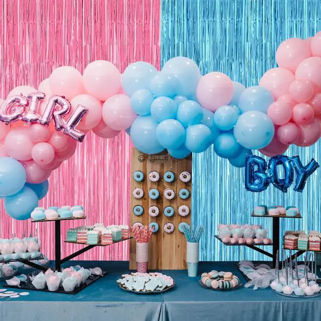Alt view image 7 of 7 - ZATAYE 2 Pack Pink Blue Foil Curtain Gender Reveal Decorations