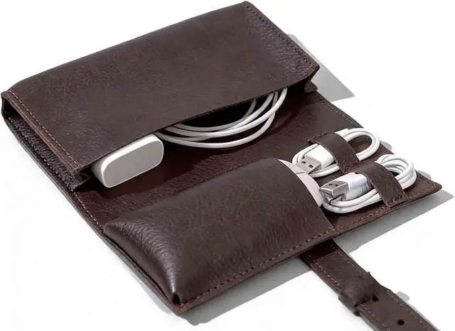 Main image of DUWUZEST Vintage leather Electronic organizer travel case,cord keeper travel pounch, charger shortage for essentials mouse, adapter, cables,Cable Straps,Earbud case,wrap (Dark Brown)