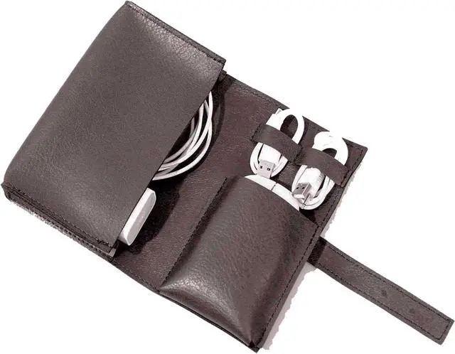 Alt view image 2 of 5 - DUWUZEST Vintage leather Electronic organizer travel case,cord keeper travel pounch, charger shortage for essentials mouse, adapter, cables,Cable Straps,Earbud case,wrap (Dark Brown)
