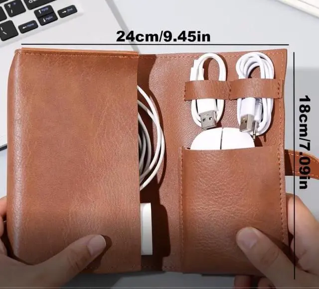 Alt view image 4 of 5 - DUWUZEST Vintage leather Electronic organizer travel case,cord keeper travel pounch, charger shortage for essentials mouse, adapter, cables,Cable Straps,Earbud case,wrap (Dark Brown)