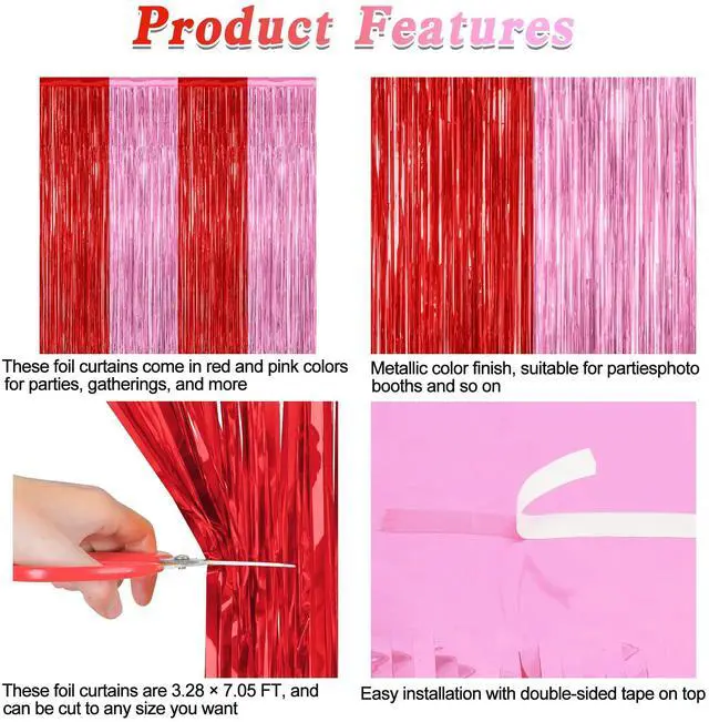 Alt view image 4 of 7 - ZATAYE 2 Pack Red Pink Valentines Foil Curtain Streamer Decorations